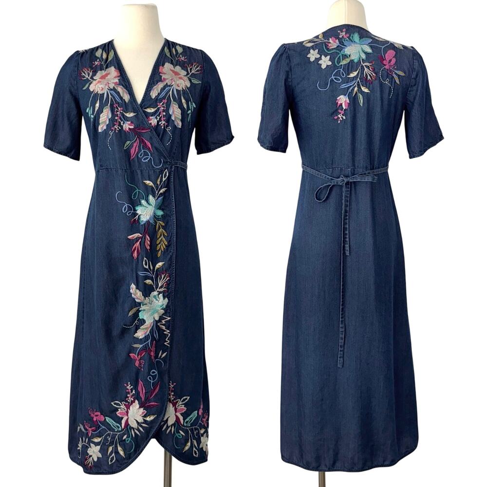 Johnny Was Nico Wrap Chambray Denim Midi Dress Floral Embroidery Tulip Hem XXS